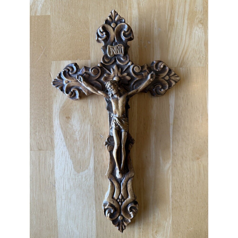 CRUCIFIX Antiqued Plaster Resin Cross Jesus Religious Italy Handmade Painted